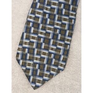 Jhane Barnes Mens Silk Tie Geometric Grid Pattern Olive Green Blue Hand Made